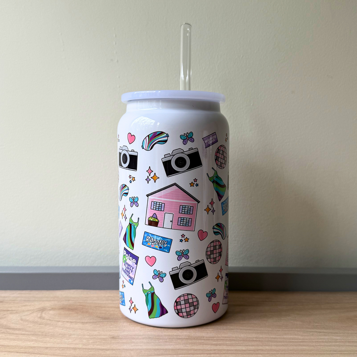 13 Going on 30 Inspired Glass Can Cup – Jenna Rink Aesthetic Iced Coffee Tumbler with Lid & Straw