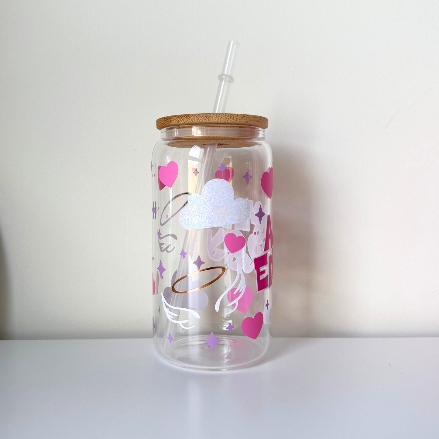 Angel Energy Glass Can – Aesthetic Iced Coffee Cup for Positive Vibes