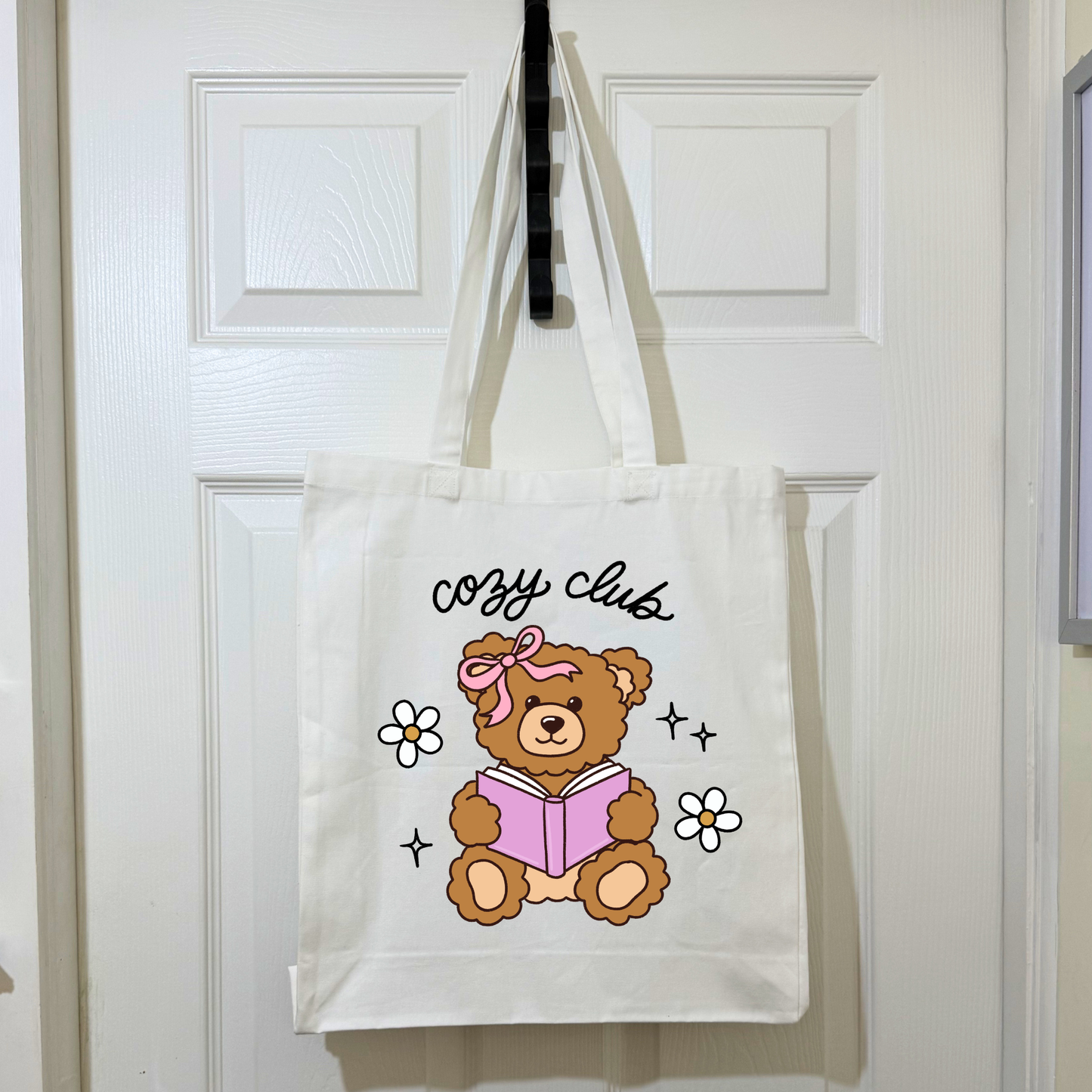 Purple Cotton “Cozy Club” Tote Bag – Cute Bear & Book Design | Book Lover Gift, Aesthetic Reusable Shopper