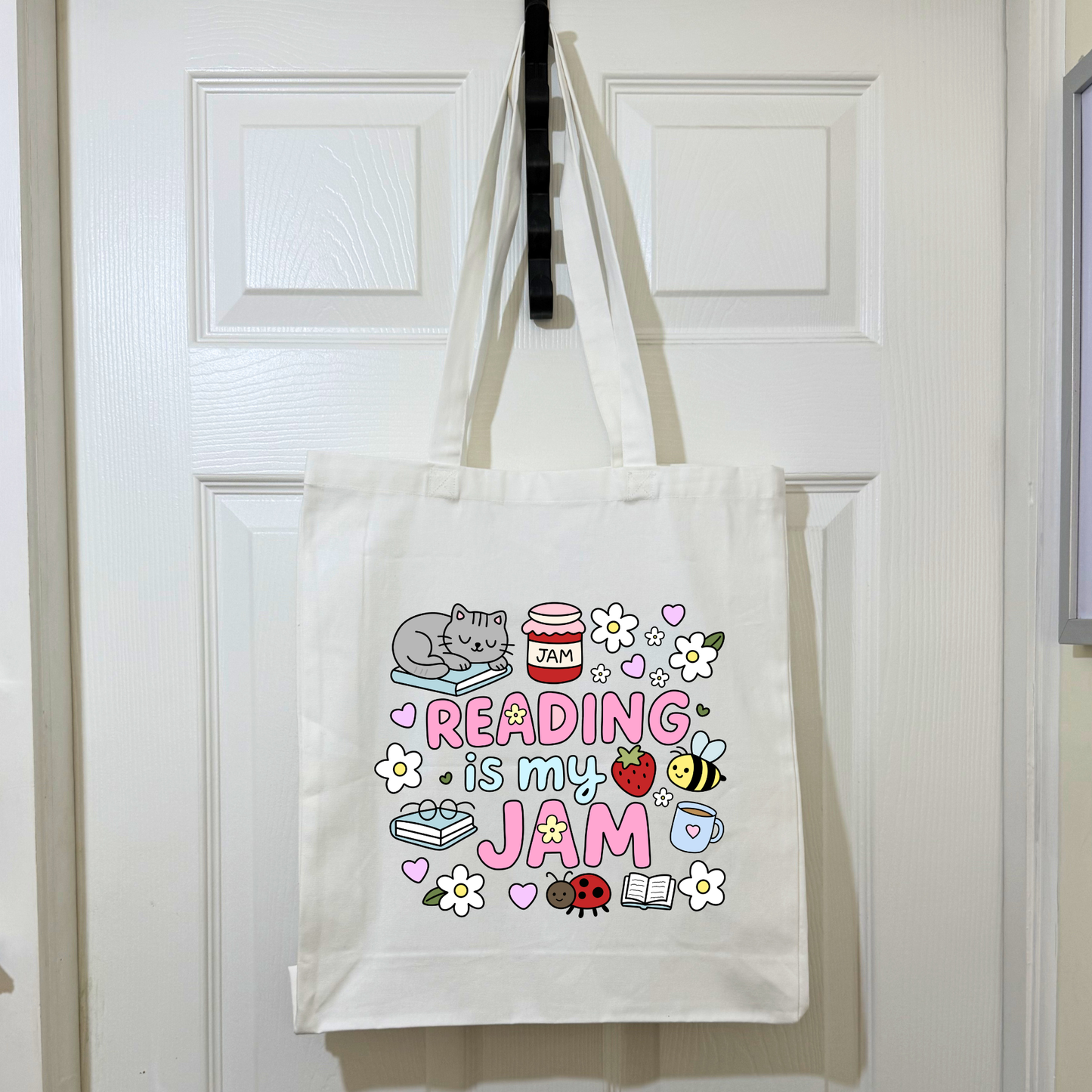 Pink Cotton “Reading Is My Jam” Tote Bag – Cute Cats & Books Design | Book Lover Gift, Aesthetic Reusable Shopper