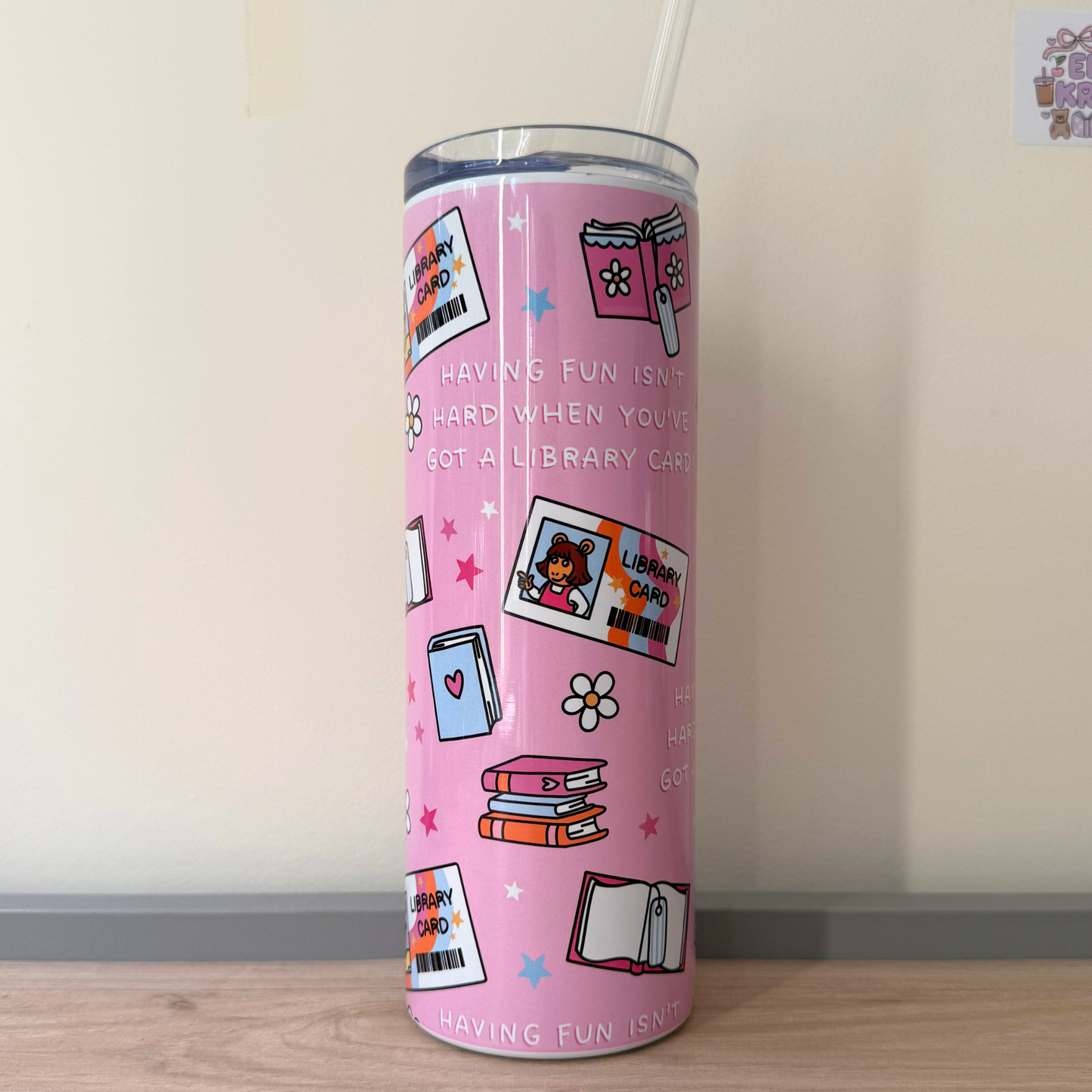 Retro Library Card Travel Tumbler – Nostalgic 90s Cartoon Inspired Tumbler