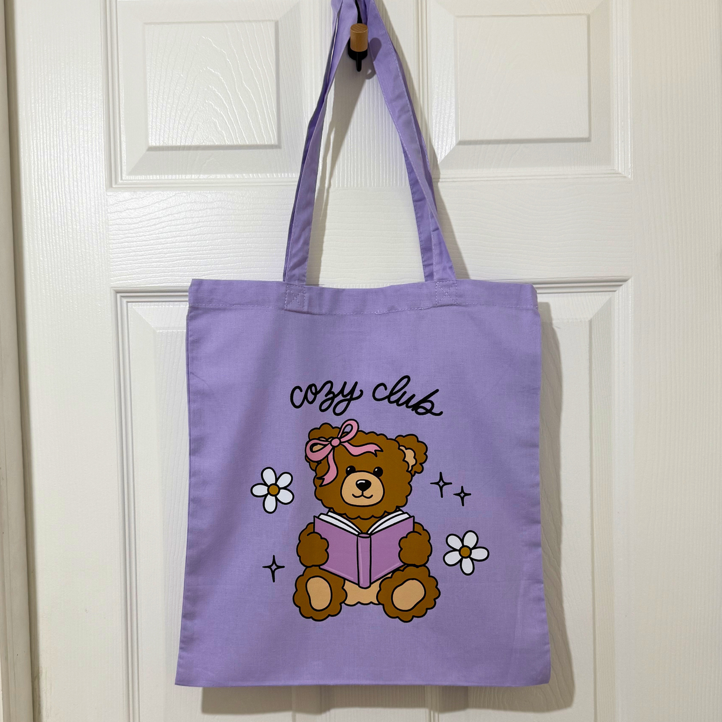 Purple Cotton “Cozy Club” Tote Bag – Cute Bear & Book Design | Book Lover Gift, Aesthetic Reusable Shopper