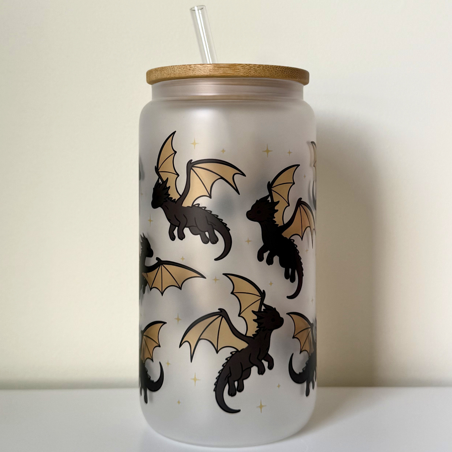 Frosted Glass Can – Cute Black Bookish Romance Dragons | Fantasy Reader Drinkware