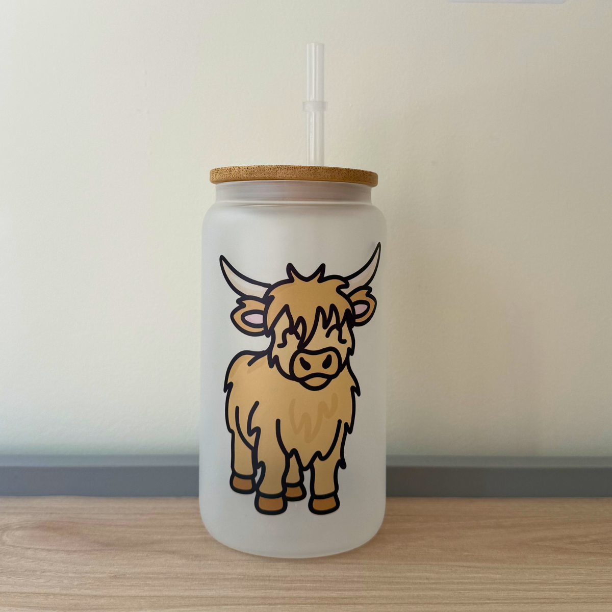 Cute Highland Cow Glass Cup with Lid & Straw | Scottish Cow Iced Coffee Tumbler Gift
