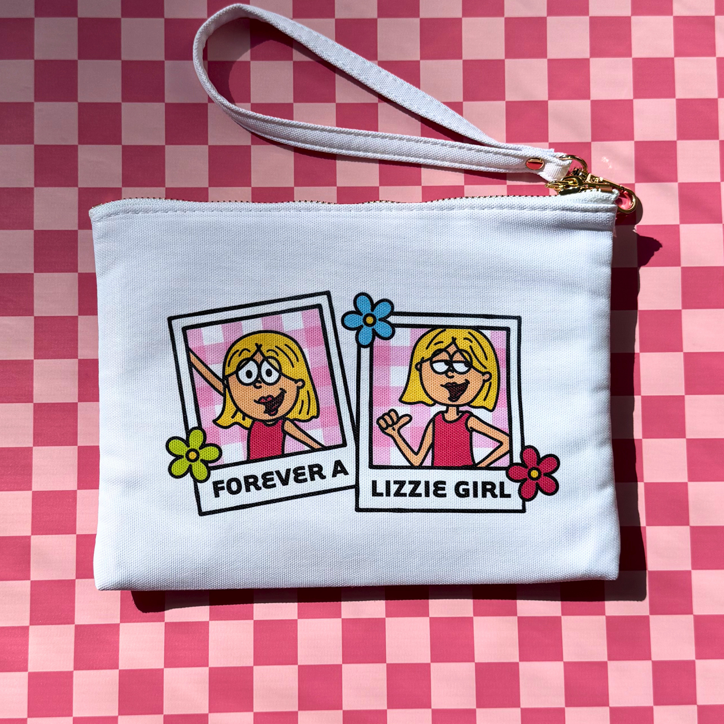 Lizzie McGuire Inspired Makeup Pouch – Y2K Cosmetic Bag with Gold Zipper and Hand Strap