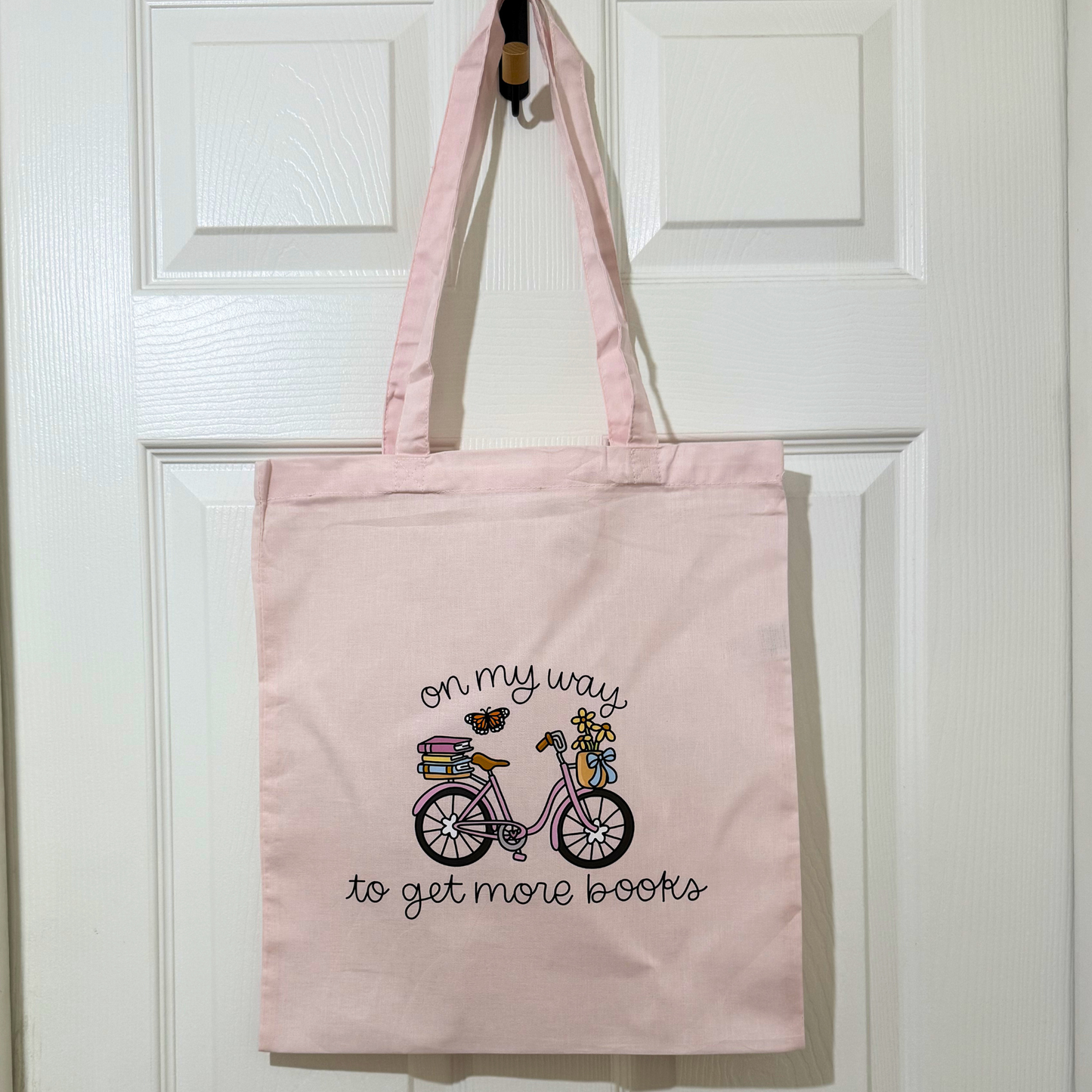 Pastel Pink Cotton Book Tote Bag – “On My Way to Get More Books” | Cute Book Lover Gift & Reusable Shopper