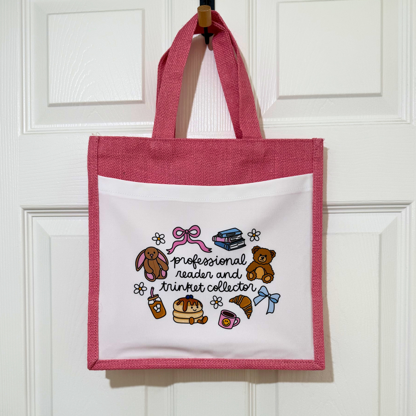 Pink Jute Tote Bag – “Professional Reader & Trinket Collector” Cotton Front Pocket Bag