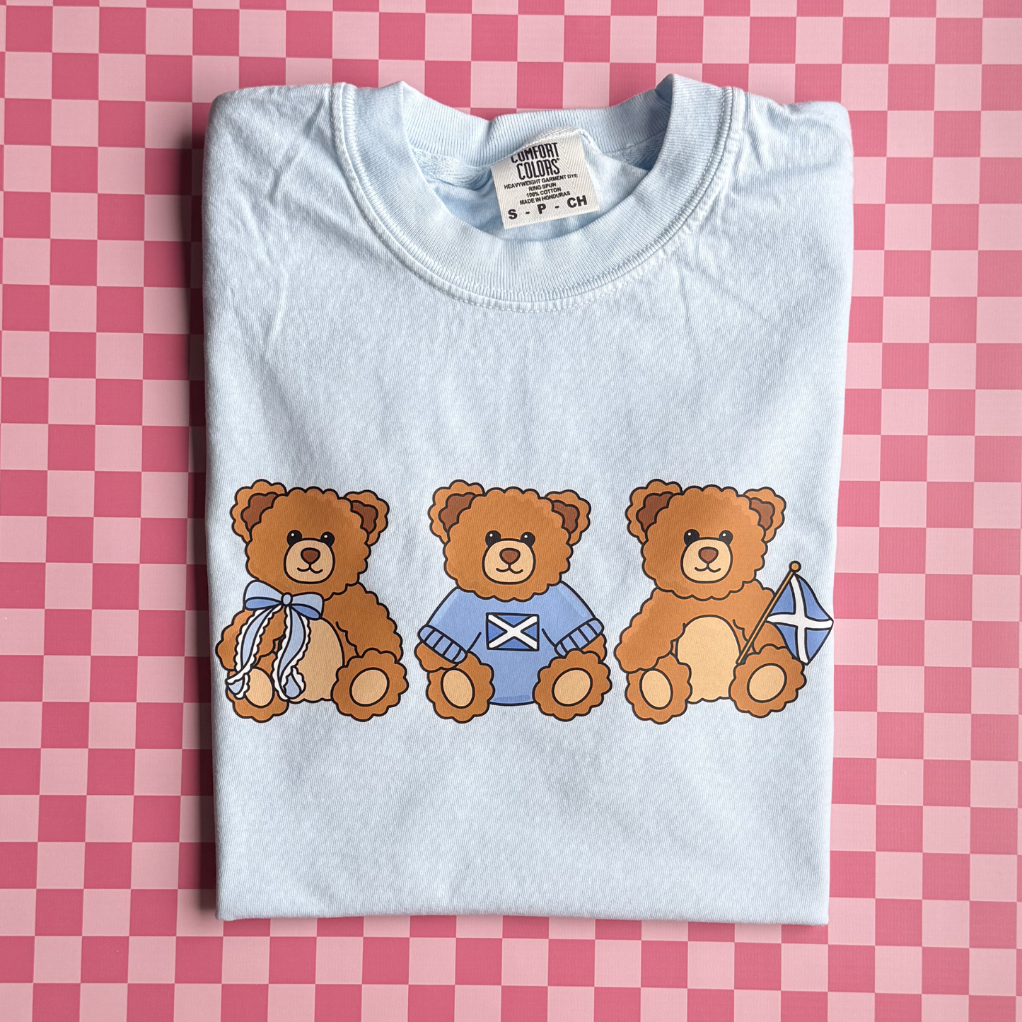 Pastel Blue Scotland Bear T-Shirt – Cute Scottish Bears & Scotland Flag Graphic Tee
