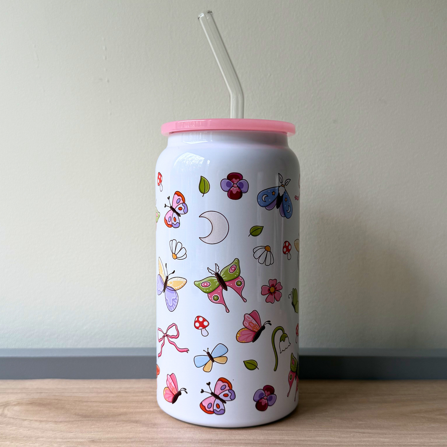 Girly Butterfly Steel Can Cup – Aesthetic Spring Summer Iced Coffee Tumbler with Lid