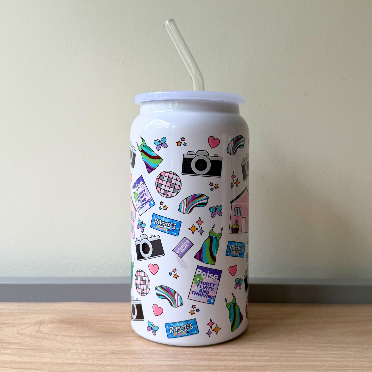 13 Going on 30 Inspired Glass Can Cup – Jenna Rink Aesthetic Iced Coffee Tumbler with Lid & Straw