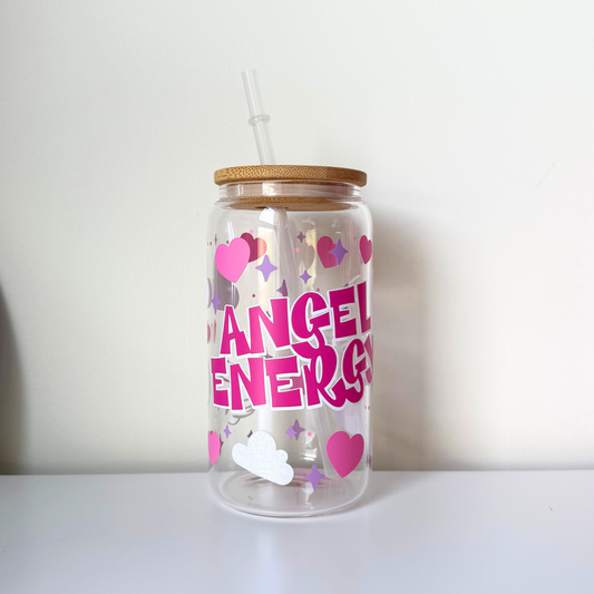 Angel Energy Glass Can – Aesthetic Iced Coffee Cup for Positive Vibes