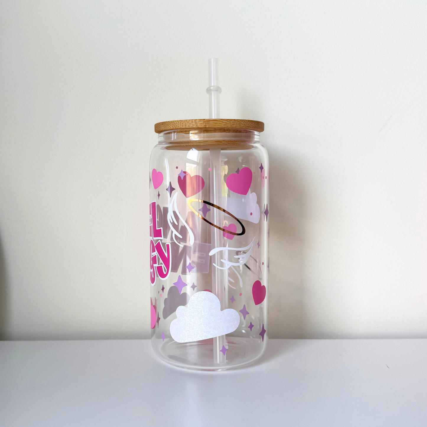 Angel Energy Glass Can – Aesthetic Iced Coffee Cup for Positive Vibes