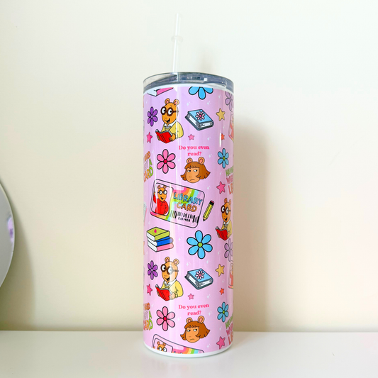 Retro Library Card Travel Tumbler – Nostalgic 90s Cartoon Inspired Tumbler