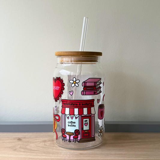 Iced Coffee Glass Can with Straw – Love Theme Bookstore Design | Cute Aesthetic Cup for Book Lovers Gift