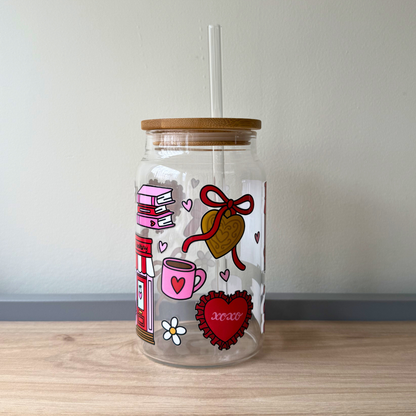 Iced Coffee Glass Can with Straw – Love Theme Bookstore Design | Cute Aesthetic Cup for Book Lovers Gift