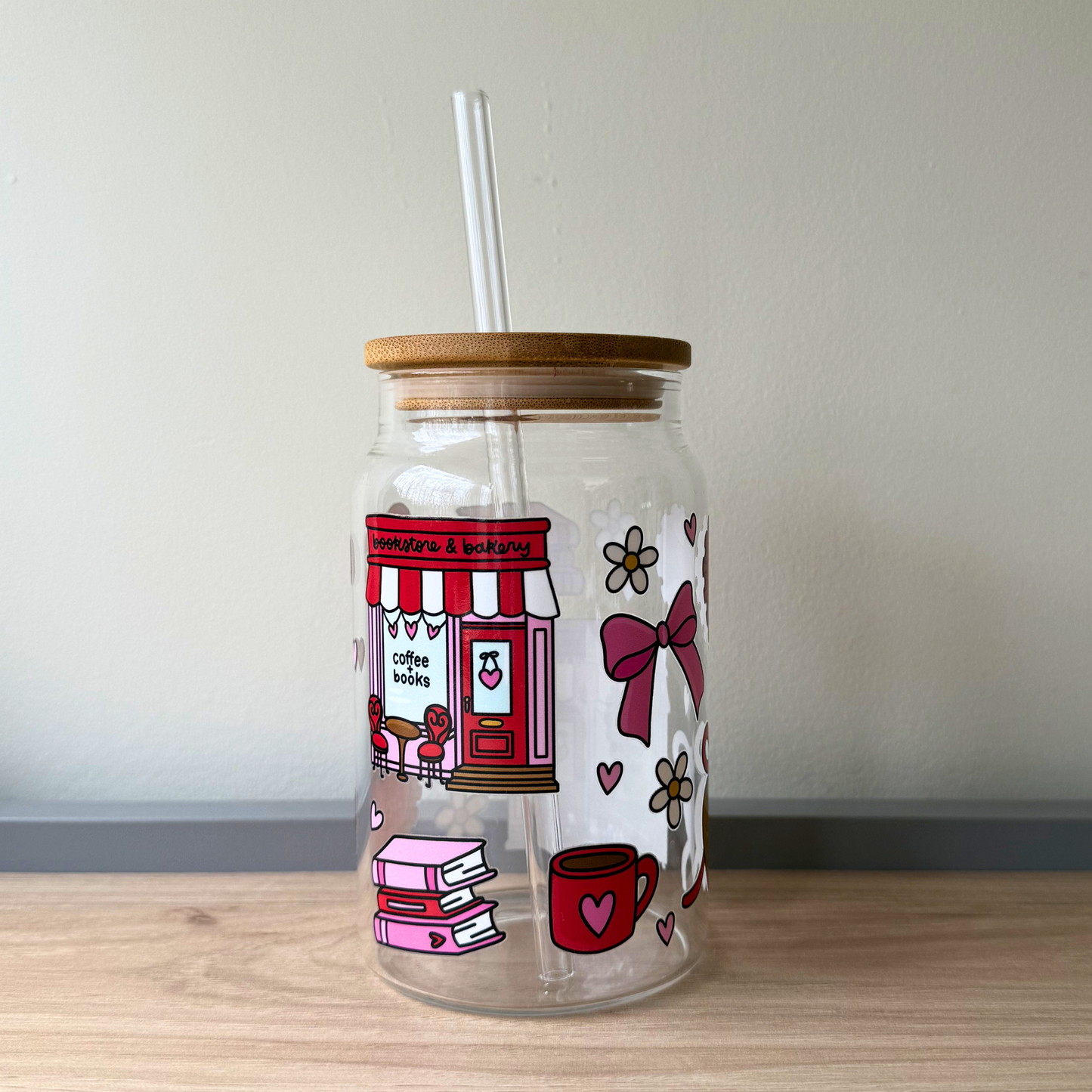 Iced Coffee Glass Can with Straw – Love Theme Bookstore Design | Cute Aesthetic Cup for Book Lovers Gift