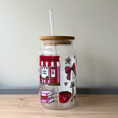 Iced Coffee Glass Can with Straw – Love Theme Bookstore Design | Cute Aesthetic Cup for Book Lovers Gift