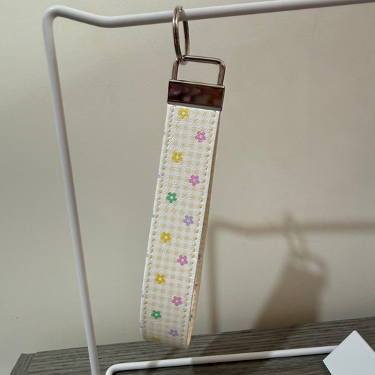 Cute Floral Gingham Leather Keychain Wristlet