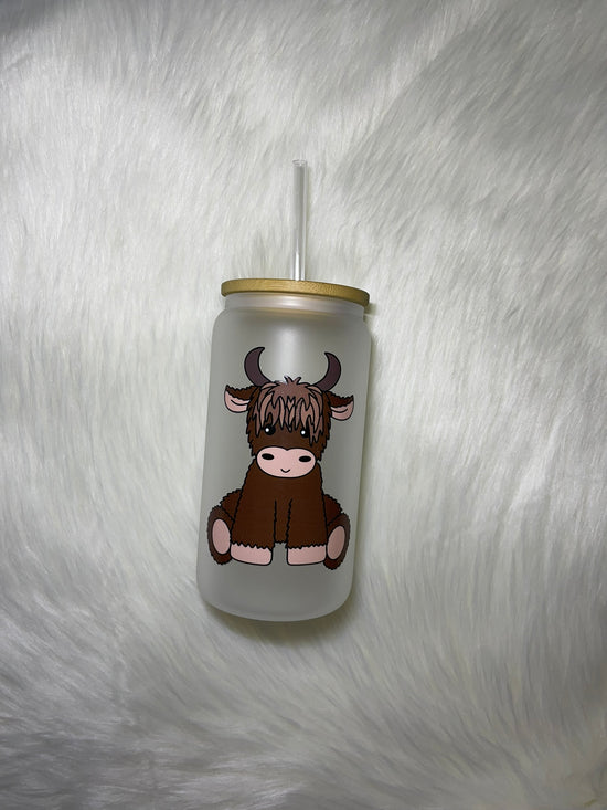 Highland Cow Frosted Glass Can