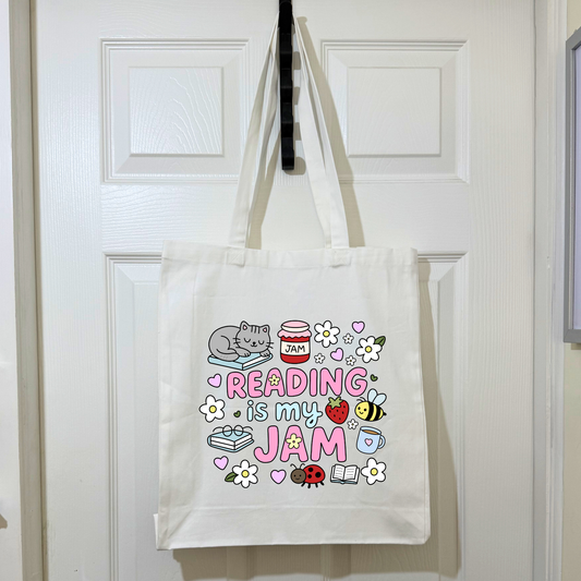 Pink Cotton “Reading Is My Jam” Tote Bag – Cute Cats & Books Design | Book Lover Gift, Aesthetic Reusable Shopper