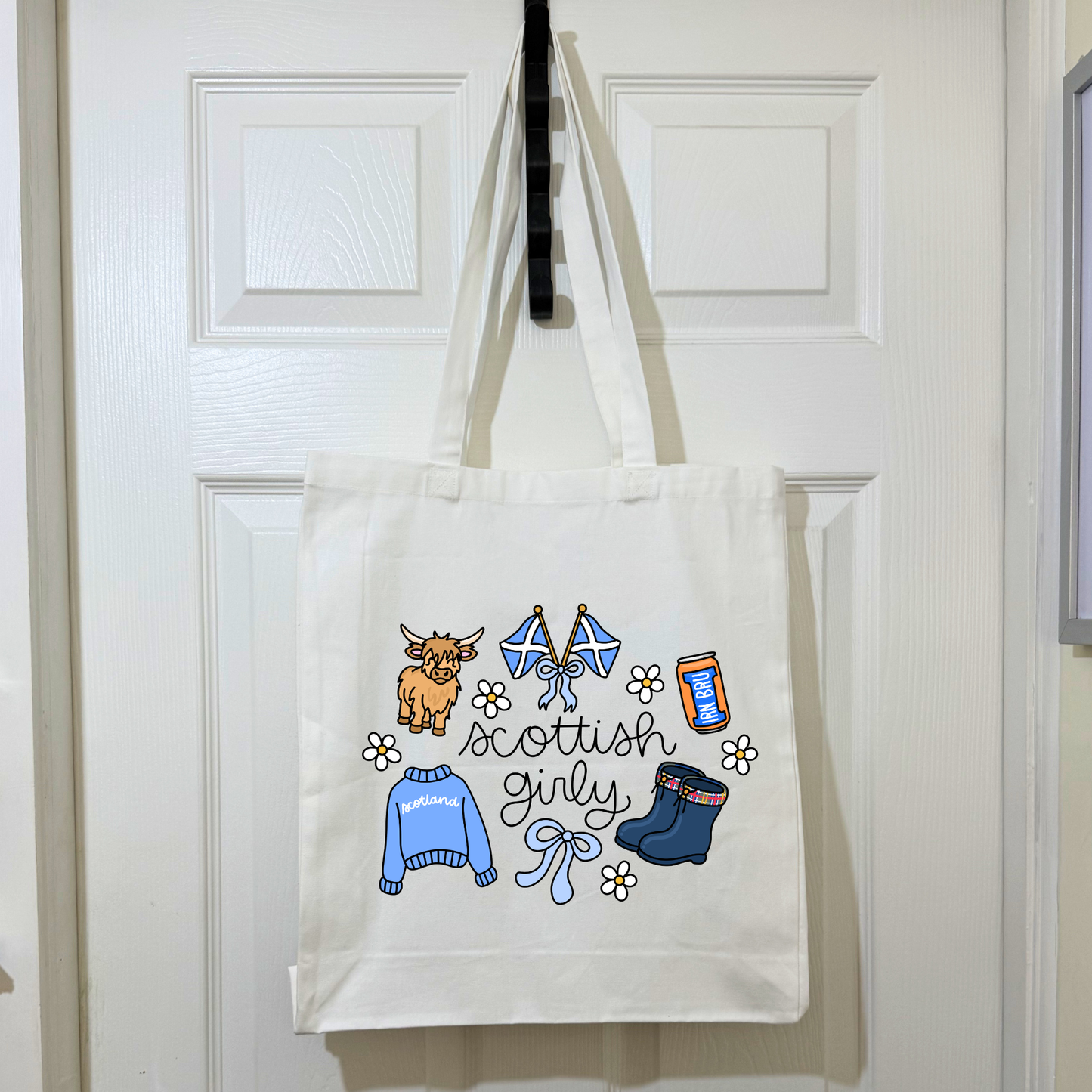 White “Scottish Girl” Cotton Tote Bag – Highland Cow & Scotland Flag Design | Scottish Gift, Reusable Shopper