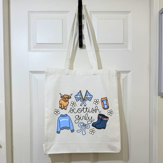 White “Scottish Girl” Cotton Tote Bag – Highland Cow & Scotland Flag Design | Scottish Gift, Reusable Shopper