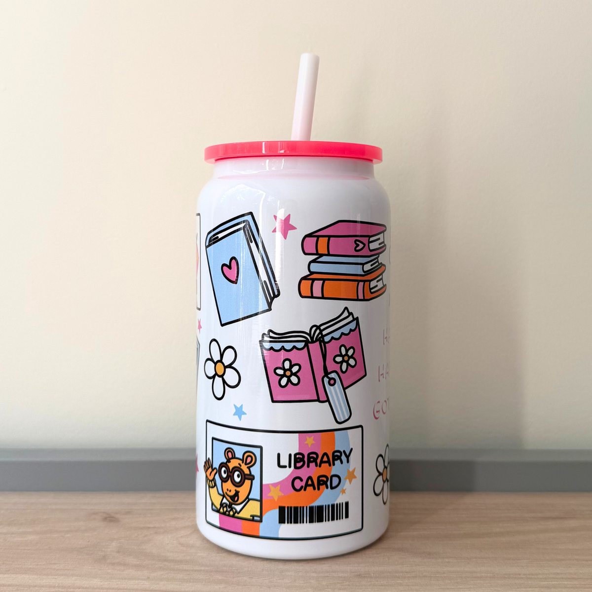 Nostalgic Cartoon Aesthetic Glass Can – Retro Library Card Theme
