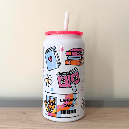 Nostalgic Cartoon Aesthetic Glass Can – Retro Library Card Theme