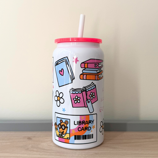 Nostalgic Cartoon Aesthetic Glass Can – Retro Library Card Theme