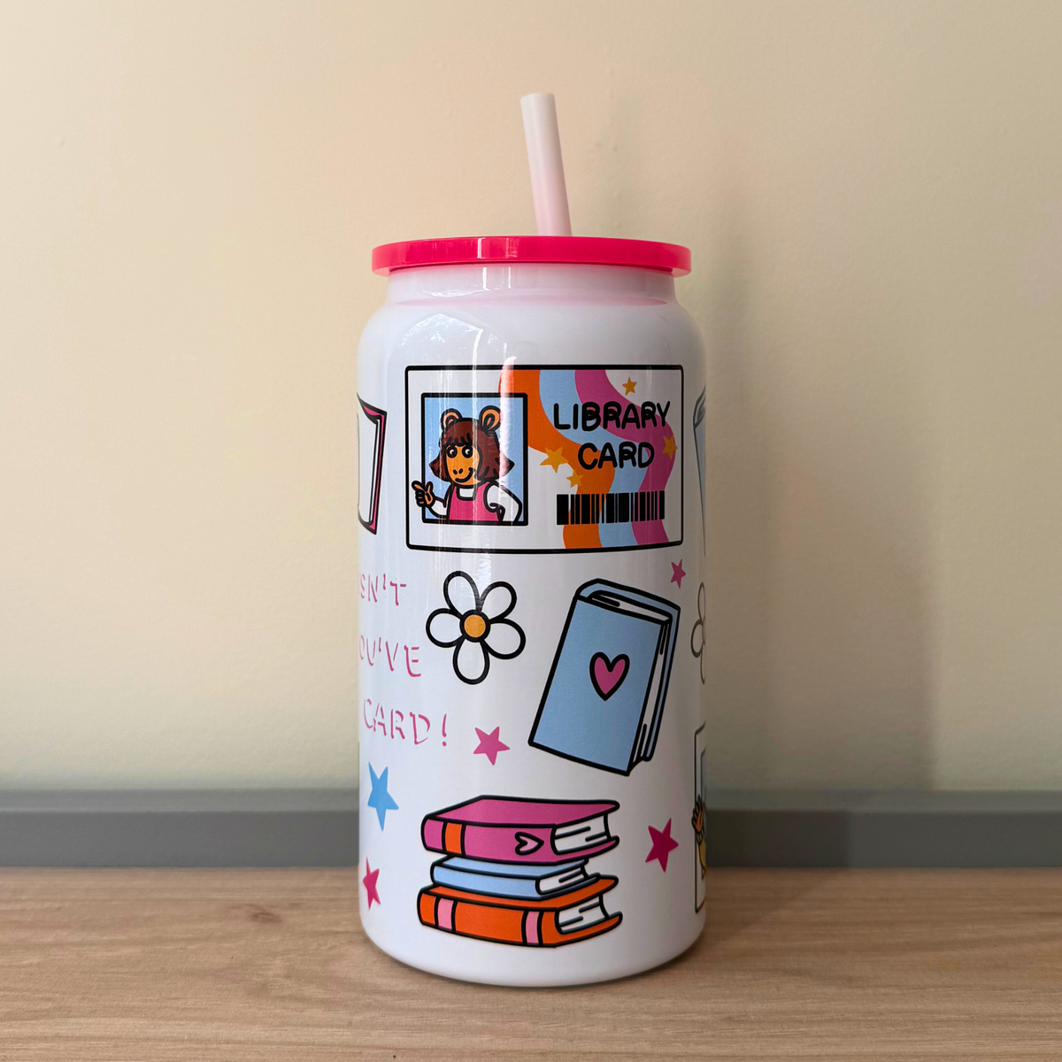 Nostalgic Cartoon Aesthetic Glass Can – Retro Library Card Theme