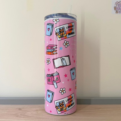 Retro Library Card Travel Tumbler – Nostalgic 90s Cartoon Inspired Tumbler