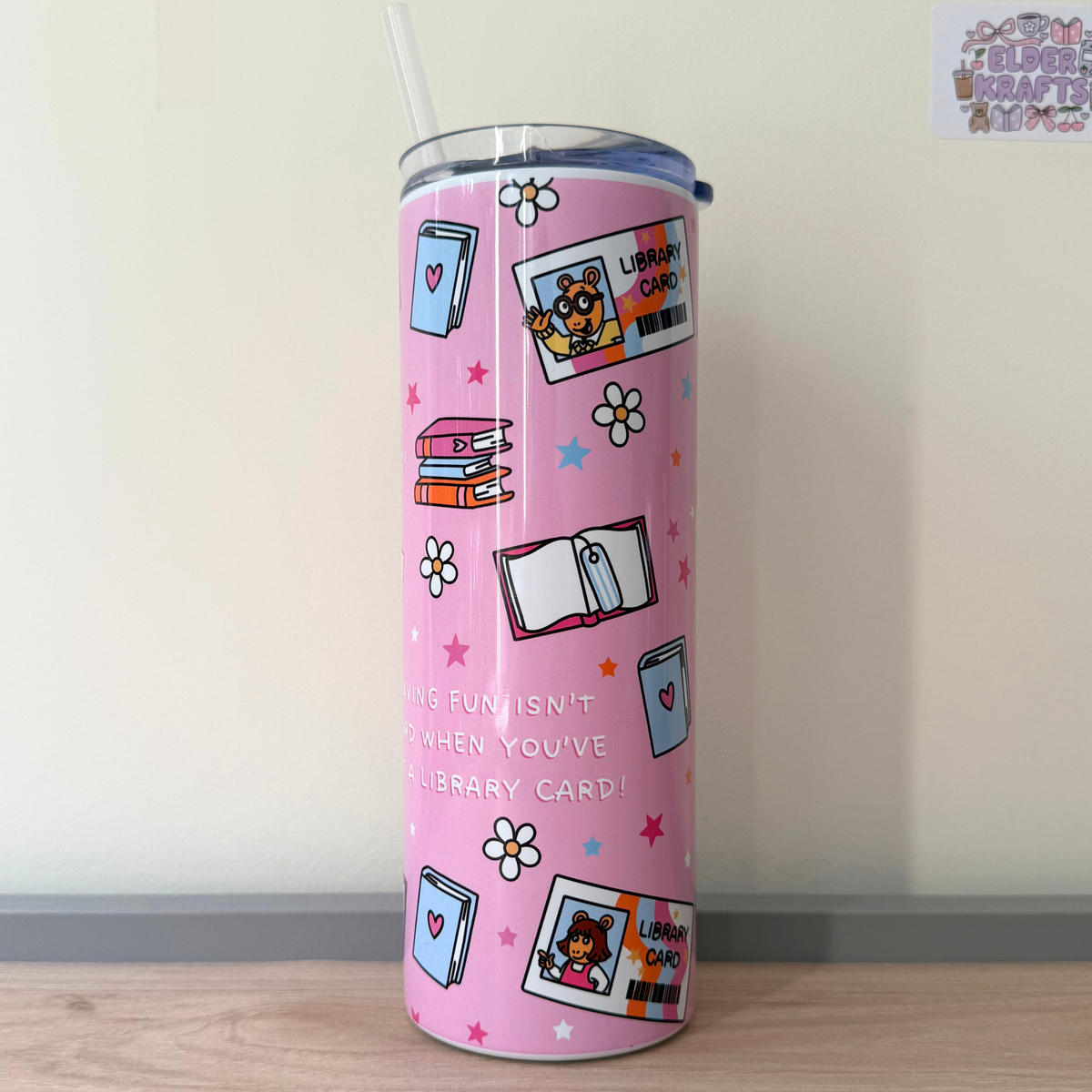 Retro Library Card Travel Tumbler – Nostalgic 90s Cartoon Inspired Tumbler