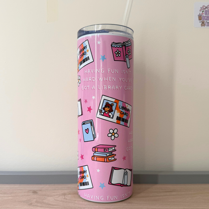 Retro Library Card Travel Tumbler – Nostalgic 90s Cartoon Inspired Tumbler