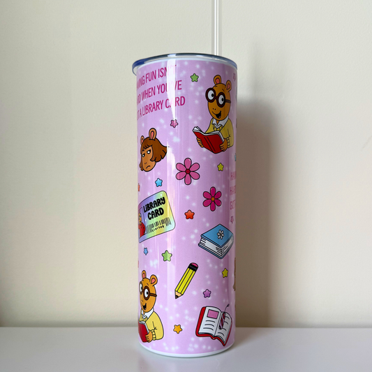 Retro Library Card Travel Tumbler – Nostalgic 90s Cartoon Inspired Tumbler