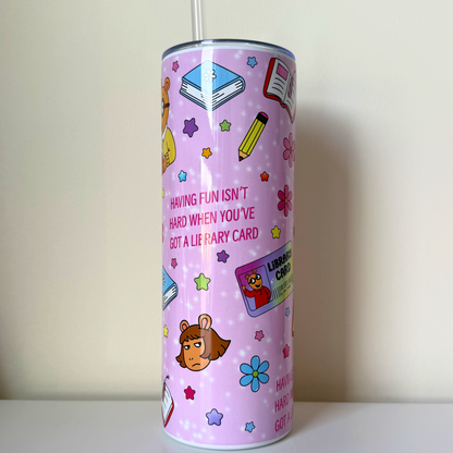 Retro Library Card Travel Tumbler – Nostalgic 90s Cartoon Inspired Tumbler