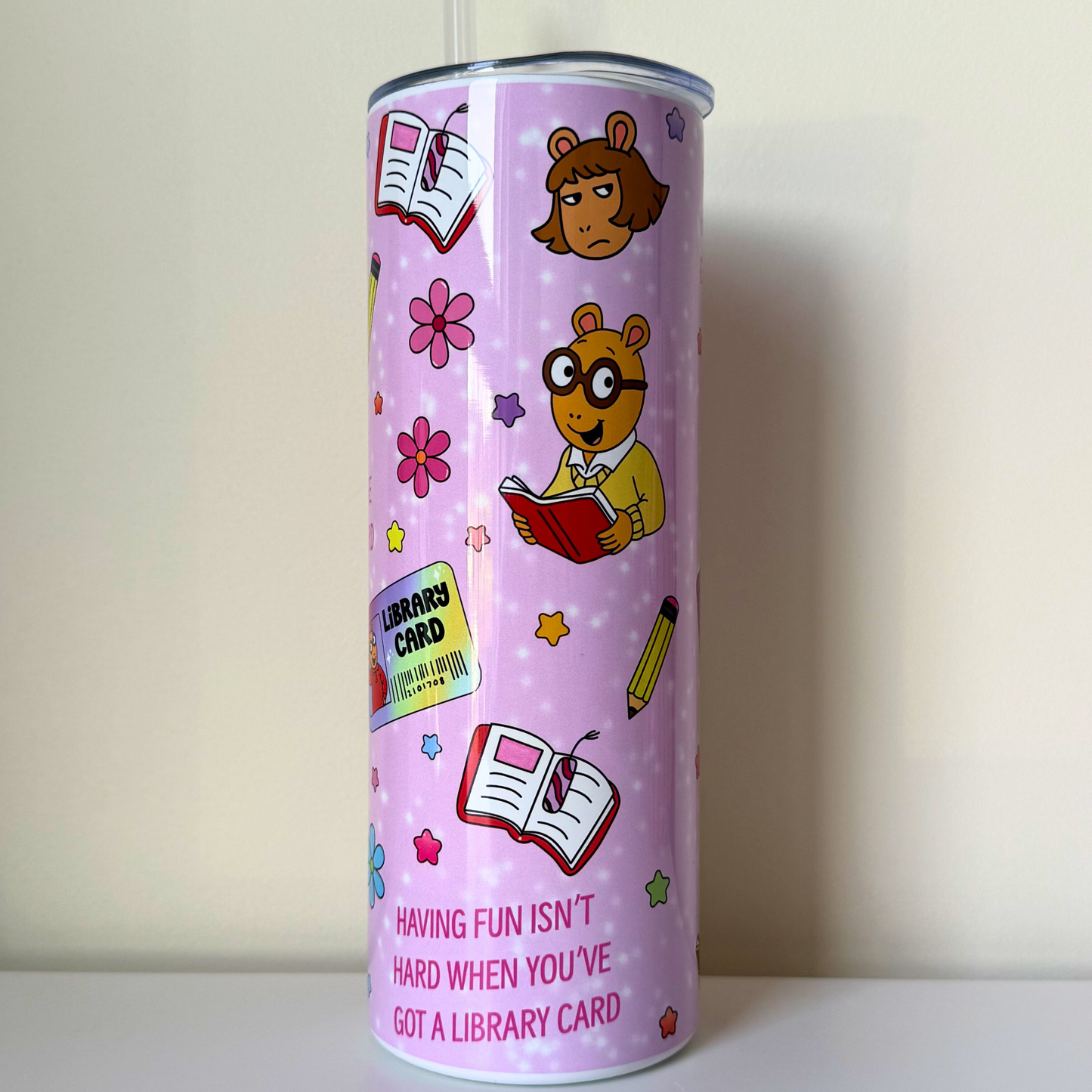 Retro Library Card Travel Tumbler – Nostalgic 90s Cartoon Inspired Tumbler