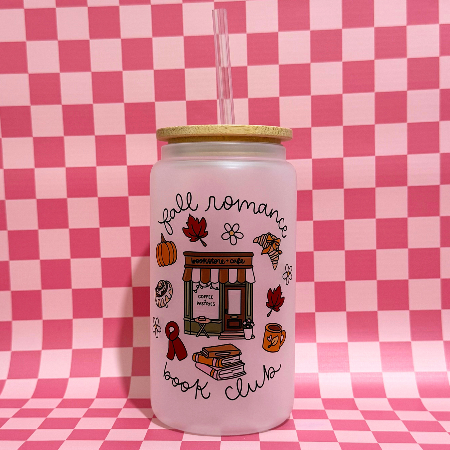 Fall Romance Book Club 16oz Glass Can | Autumn Iced Coffee Glass Cup with Bamboo Lid & Straw | Cozy Book Lover Gift