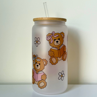 Bookish Bears Frosted Glass Iced Coffee Cup with Bamboo Lid – Cute Aesthetic Tumbler for Book Lovers