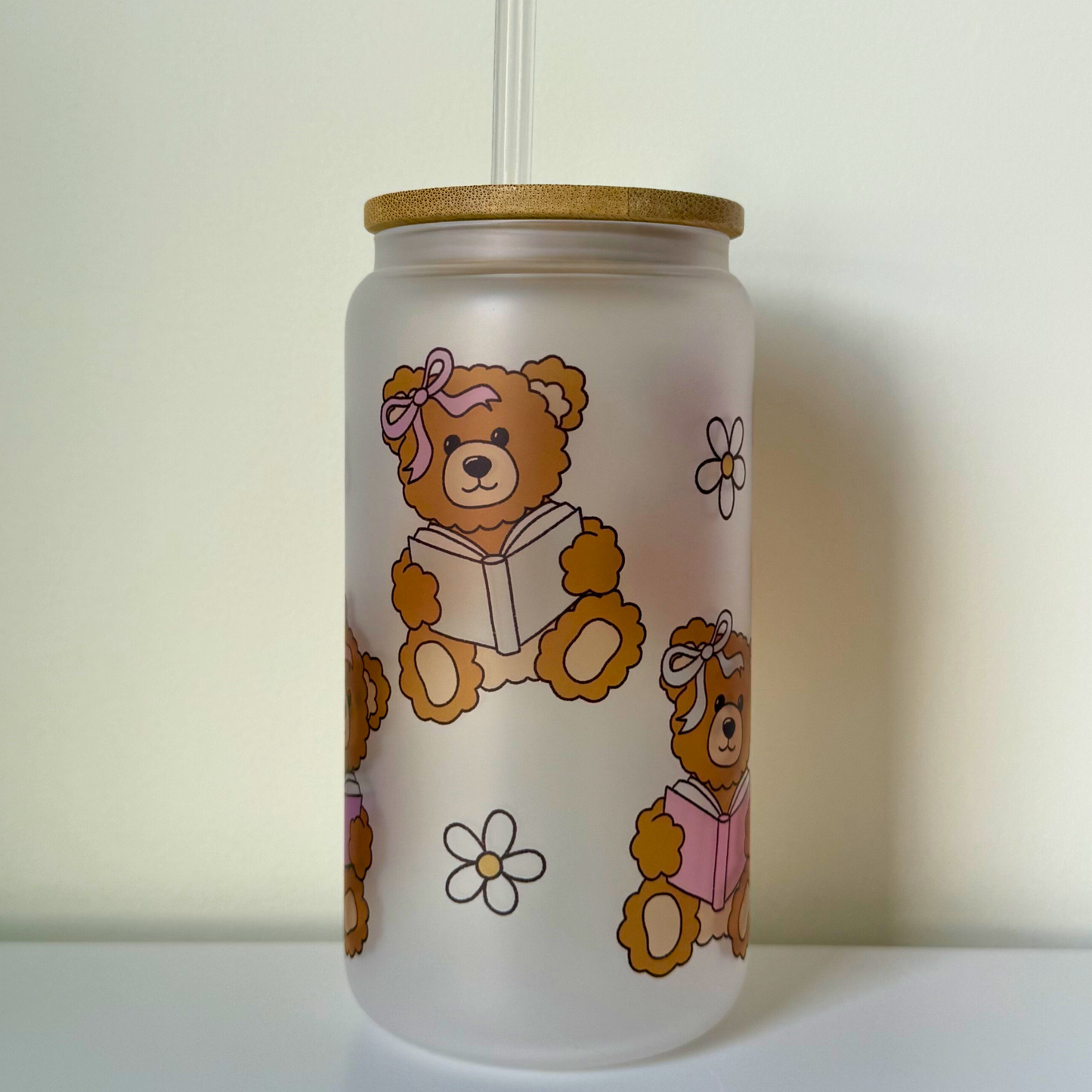Bookish Bears Frosted Glass Iced Coffee Cup with Bamboo Lid – Cute Aesthetic Tumbler for Book Lovers