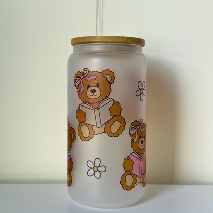 Bookish Bears Frosted Glass Iced Coffee Cup with Bamboo Lid – Cute Aesthetic Tumbler for Book Lovers