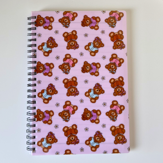 Cute Pink Bookish Bear Notepad – Lined Paper Aesthetic Stationery | Fun Notebook for Book Lovers