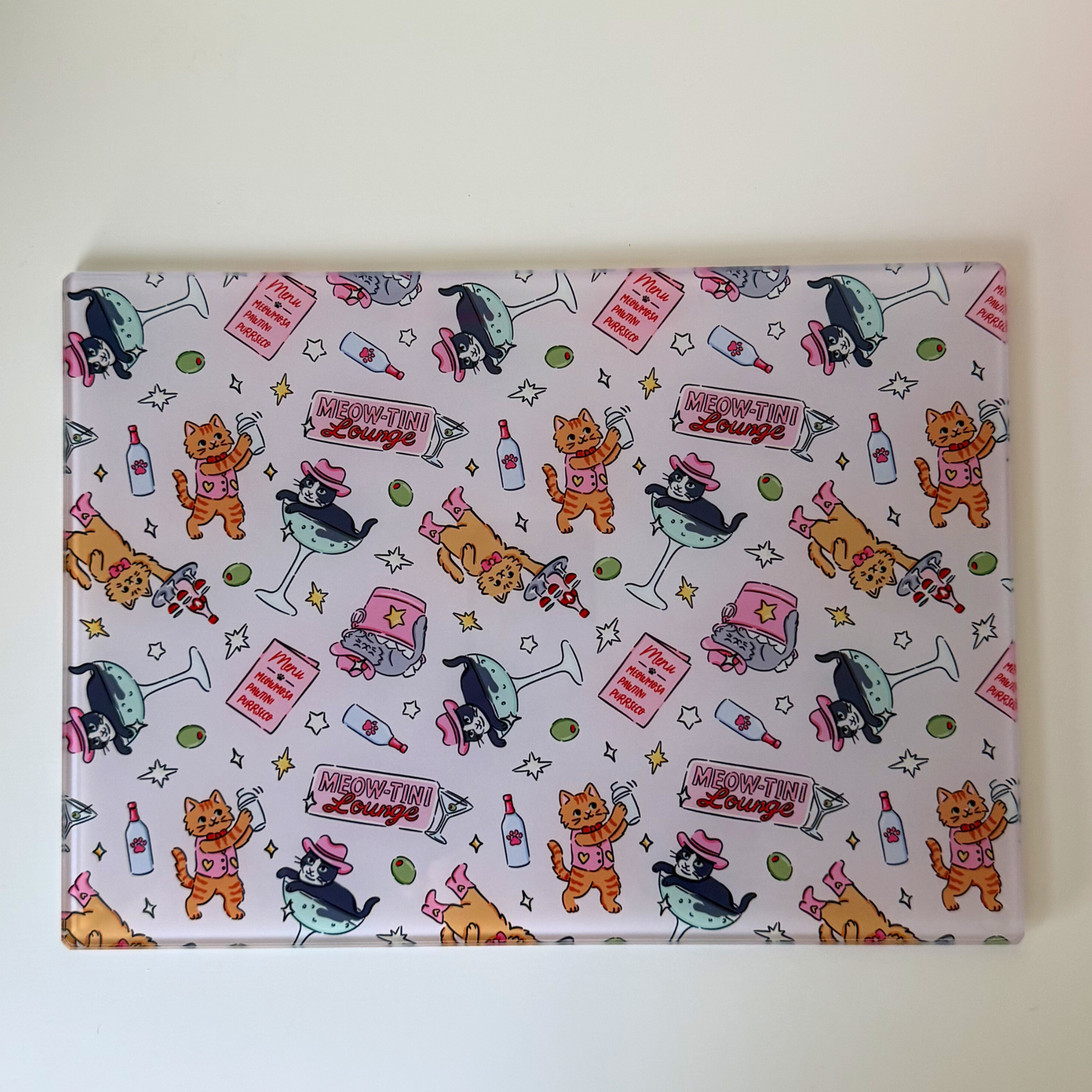 Funny Cat Glass Chopping Board – Meowtini Cocktails Design | Serving, Charcuterie & Kitchen Board