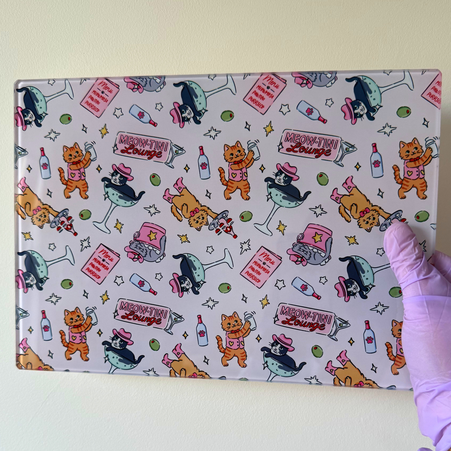 Funny Cat Glass Chopping Board – Meowtini Cocktails Design | Serving, Charcuterie & Kitchen Board