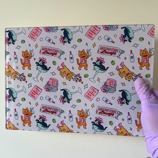 Funny Cat Glass Chopping Board – Meowtini Cocktails Design | Serving, Charcuterie & Kitchen Board