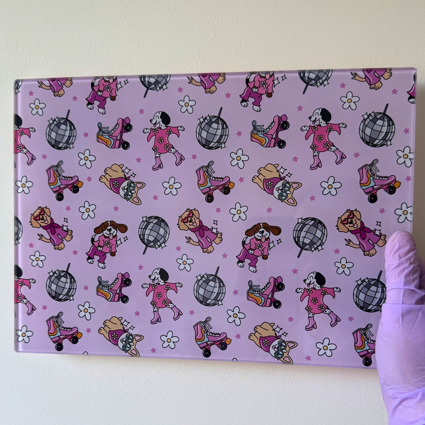 Funny Glass Chopping Board – Pink Disco Dogs Design | Serving & Charcuterie Board