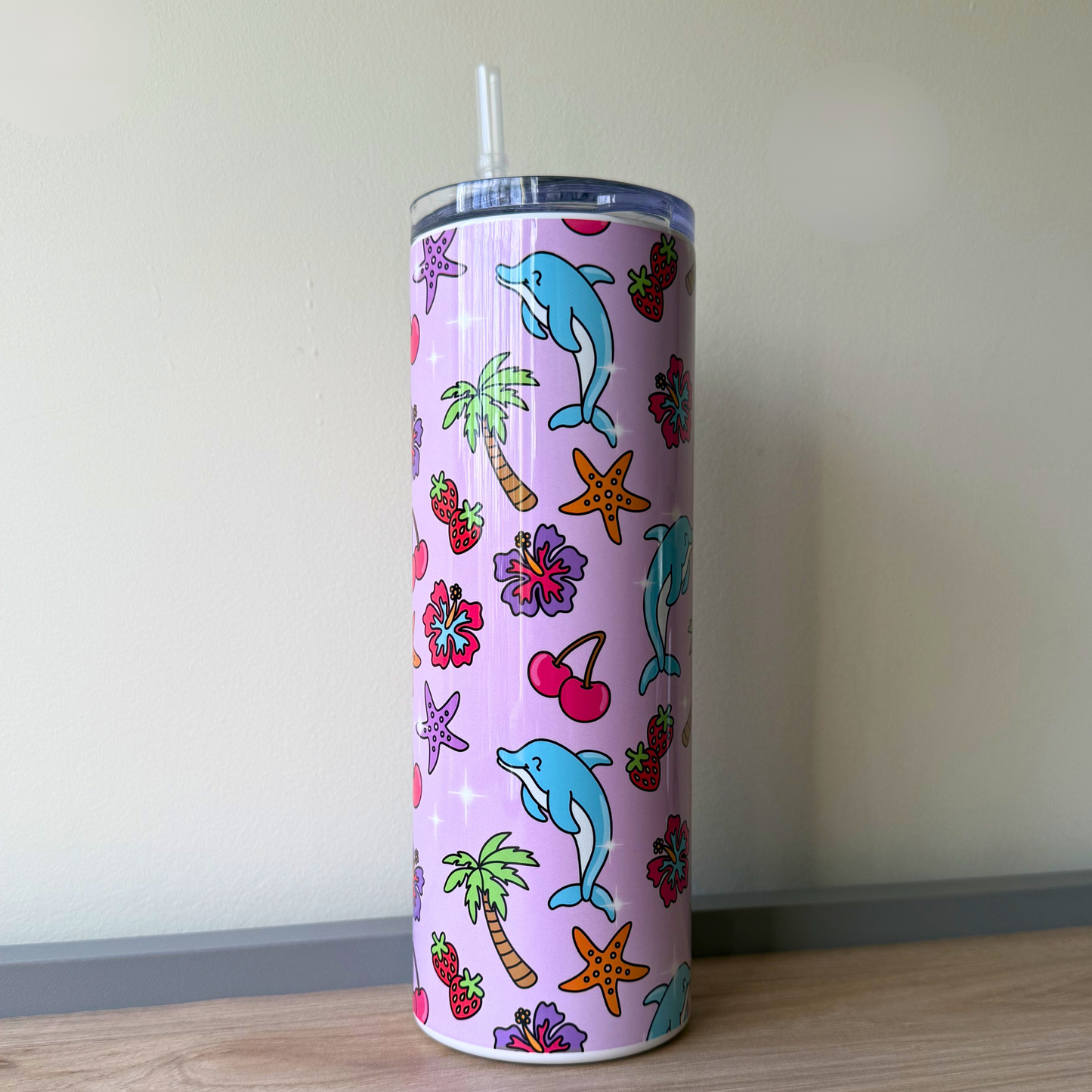 Cute Dolphin Summer Vibes Tumbler – Girly Aesthetic Insulated Travel Cup, Ocean Beach Pastel Drink Bottle with Straw Lid