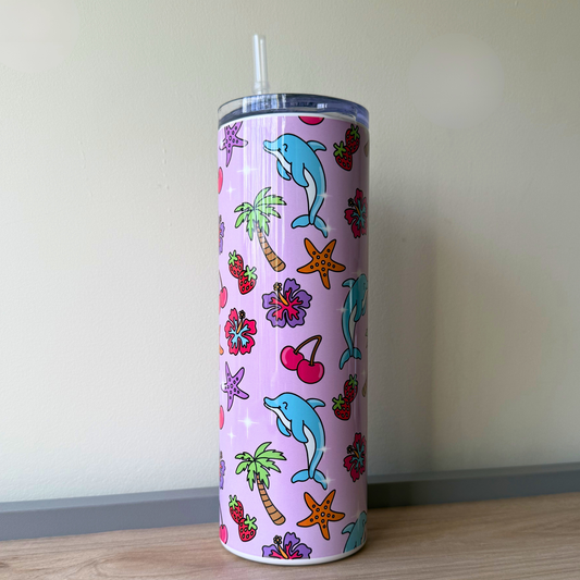 Cute Dolphin Summer Vibes Tumbler – Girly Aesthetic Insulated Travel Cup, Ocean Beach Pastel Drink Bottle with Straw Lid