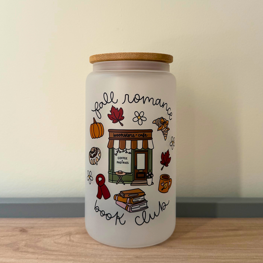 Fall Romance Book Club 16oz Glass Can | Autumn Iced Coffee Glass Cup with Bamboo Lid & Straw | Cozy Book Lover Gift