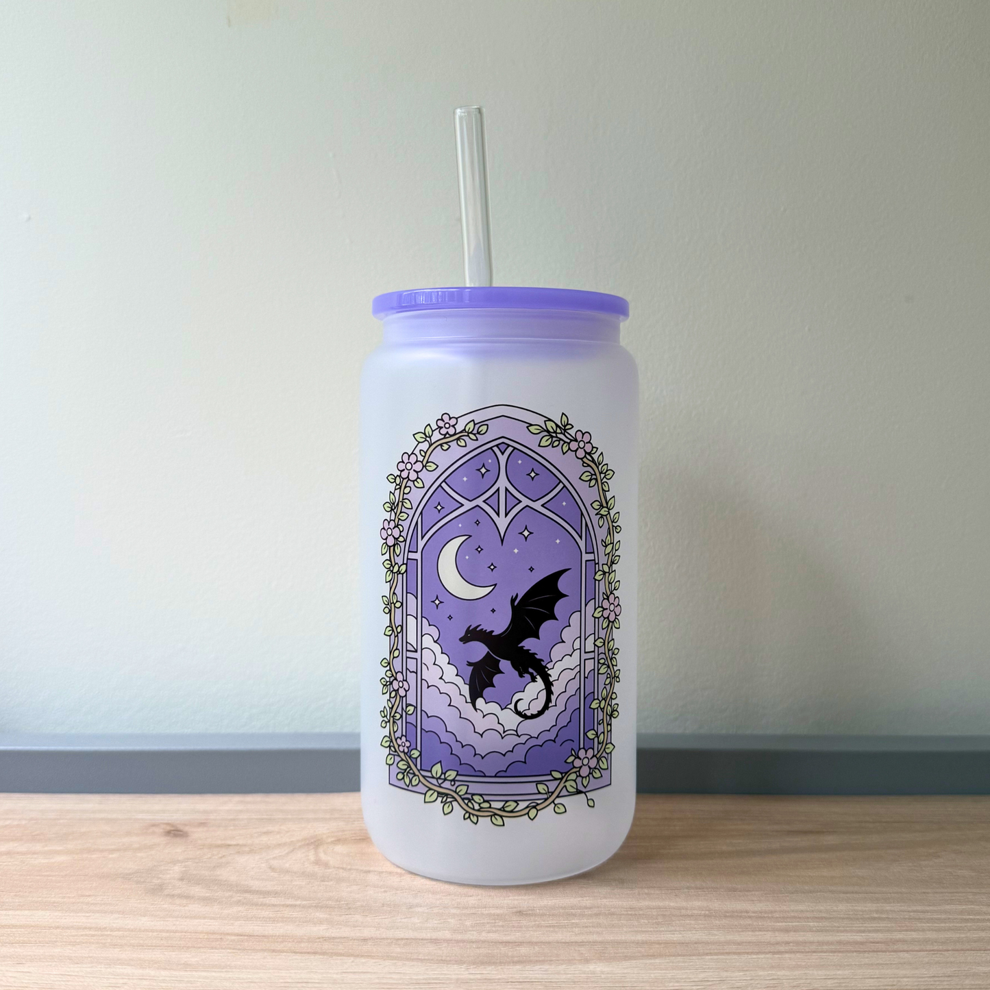Fantasy Purple Dragon Glass Can Cup – Aesthetic Iced Coffee Tumbler with Lid & Straw