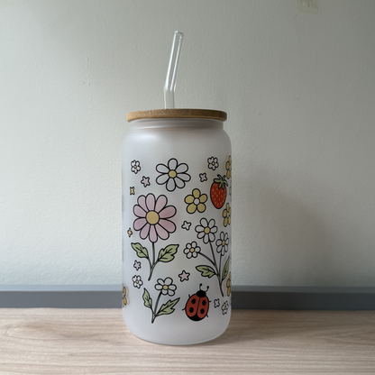 Spring Garden Glass Can Cup – Cute Bee & Strawberry Iced Coffee Tumbler with Lid & Straw